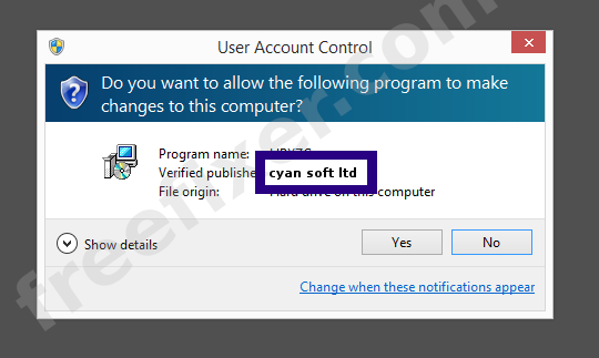 Screenshot where cyan soft ltd appears as the verified publisher in the UAC dialog